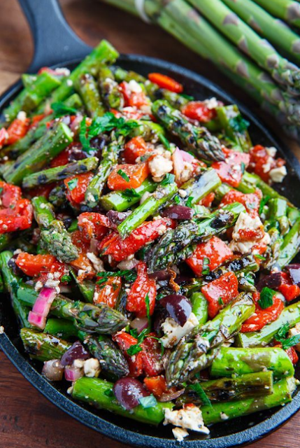 Grilled Asparagus with Marinated Roasted Red Peppers, Feta and Kalamata Olives