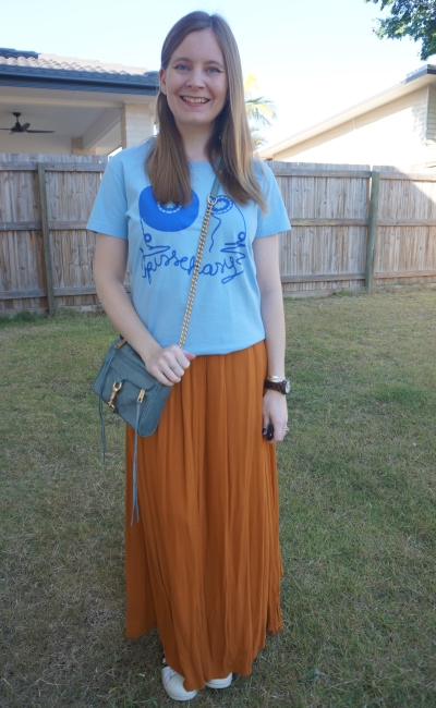 kisschasy casette tape band tee blue with mini MAC bag and ochre maxi skirt sneakers | awayfromblue