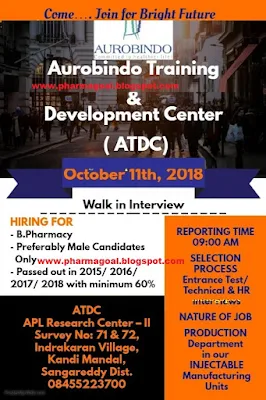 AUROBINDO PHARMA - B.Pharm Freshers - Walk-In drives - 11 October 2018.