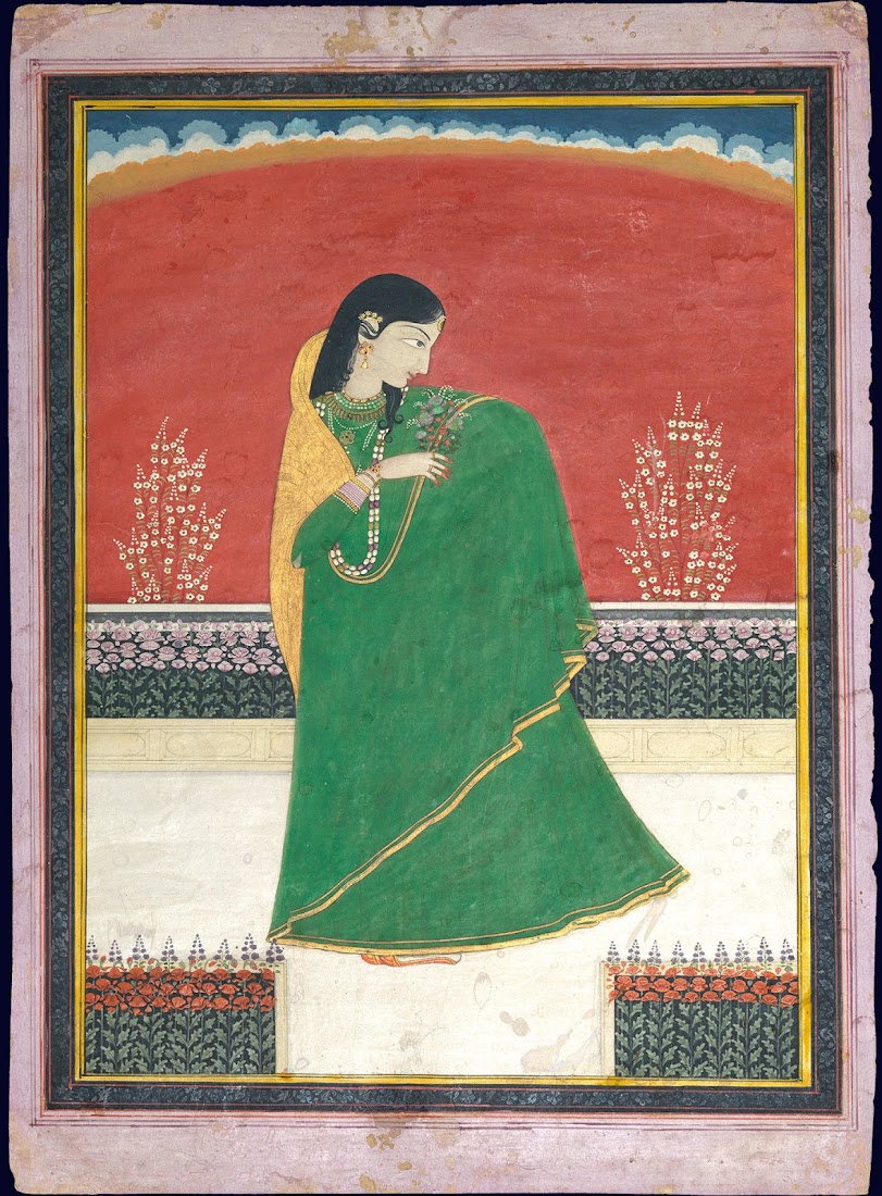 Girl with a bouquet of flowers - Pahari Painting, c. 1820-30