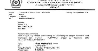 Contoh Surat Rekomendasi  Pindah Nikah  KUA Blimbing Kota 