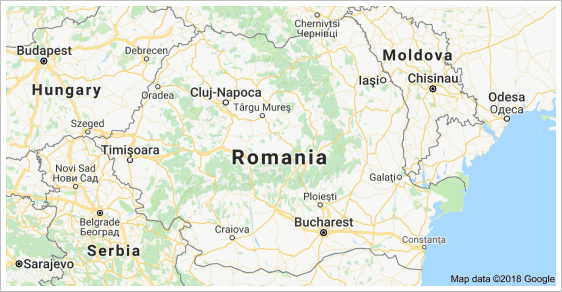 A map showing the country of Romania.