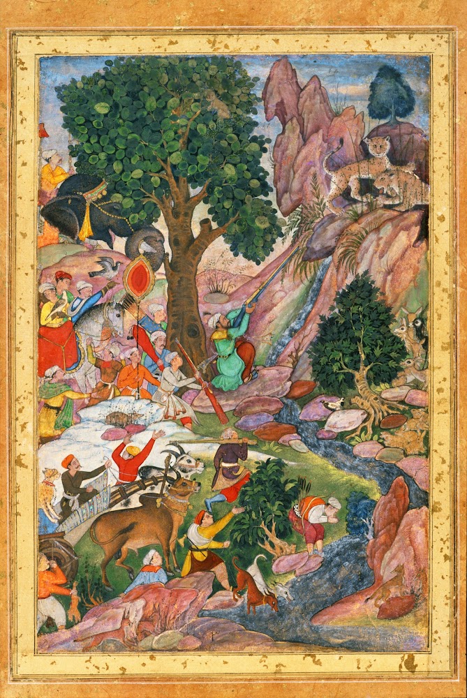 Akbar Hunting Mountain Lions, Miniature from a copy of Abu’l-Fazl’s Akbarnama - Mughal Painting, c1590