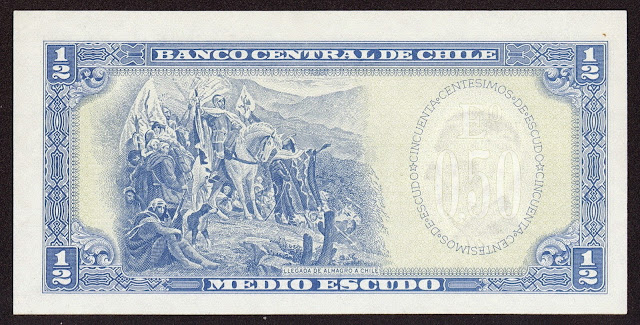 Chilean money currency Half Escudo banknote 1975 Diego de Almagro takes possession of Chile in the valley of Copiapo