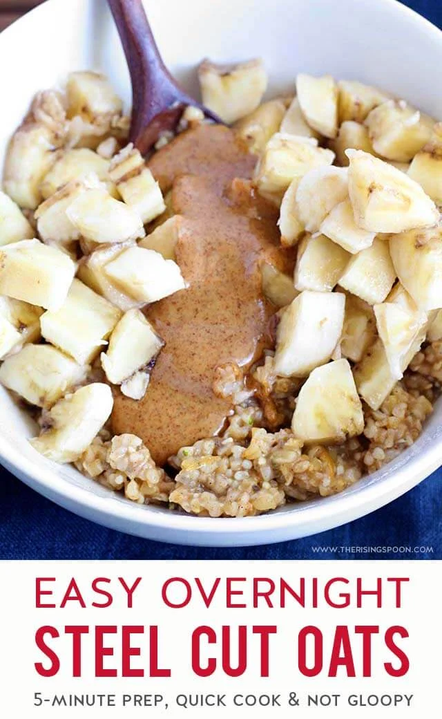 Want a bowl of hearty & healthy steel cut oats without standing over the stove for 30-45 minutes every morning? Look no further! Try my easy overnight method to meal prep a week's worth of oats with yummy toppings that you can eat hot or cold for quick, nutritious breakfasts!