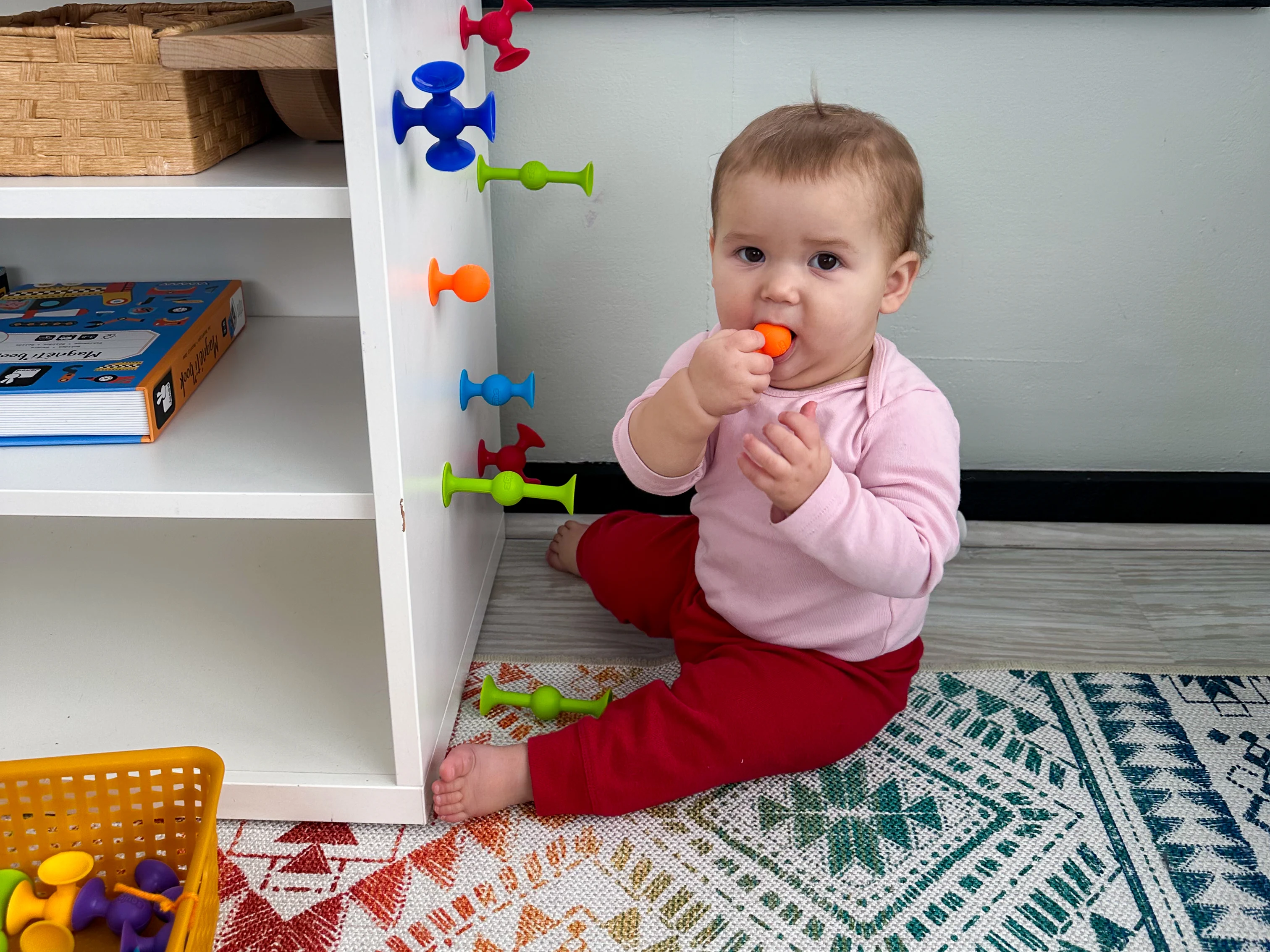 Older baby sits in front of Montessori shelf mouthing a toy and looking toward camera.