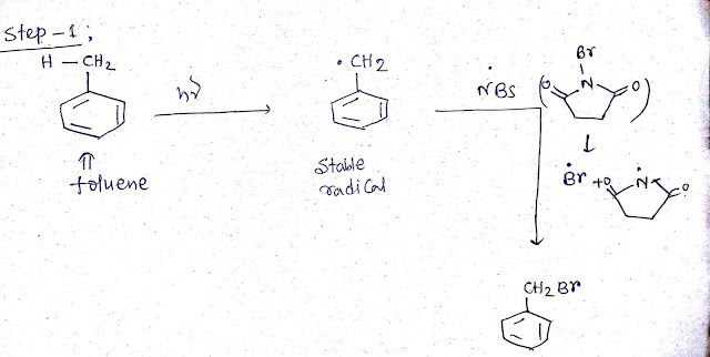 Toluene(Ph CH3) reacts with NBS/hv or alkyl bromination of toluene