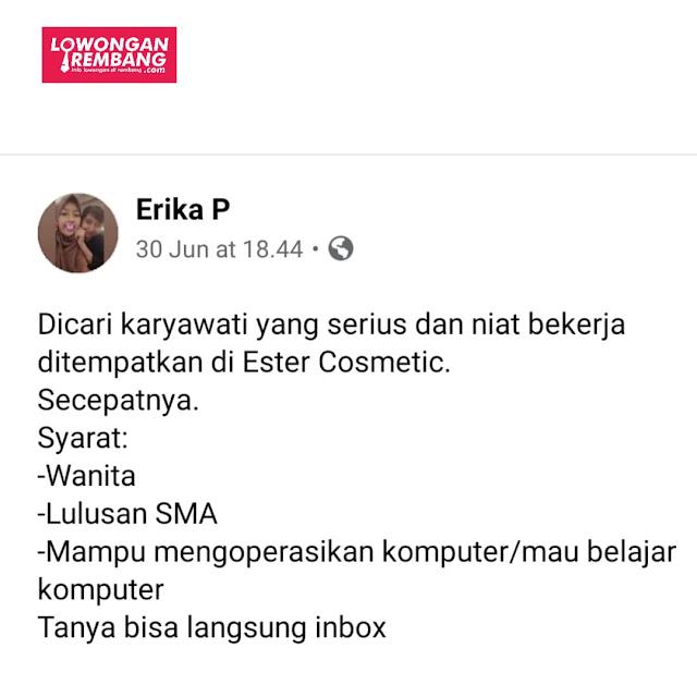 Lowongan Kerja Karyawati Ester Cosmetic Rembang