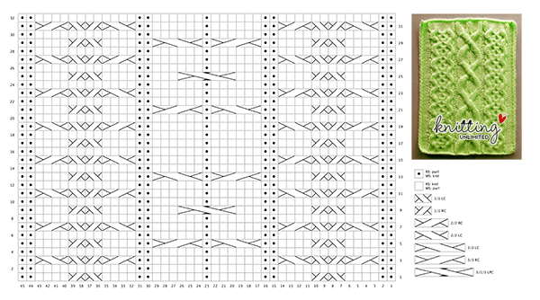 Advanced Cable Knitting No 52. This pattern is available for FREE on Knitting Unlimited website. Including written instructions and a chart with key.