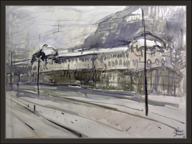 CANFRANC-PINTURA-HUESCA-ESTACION-FERROCARRILES-CUADROS-VIAJES-PINTOR-ERNEST DESCALS-