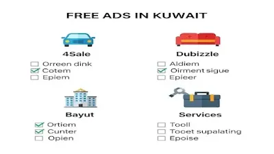 انفوجرافيك يوضح كيفية نشر إعلان مجاني في الكويت عبر 4Sale، Dubizzle، Bayut، وServices