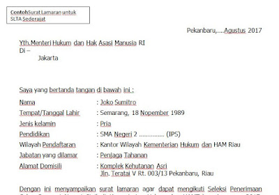 Contoh Surat Lamaran SLTA  CPNS Kementerian Hukum dan HAM TA 2017