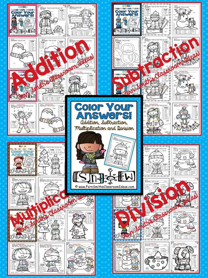 Fern Smith's Classroom Ideas Hump Day Highlight: Winter Fun! Color Your Answers - Addition, Subtraction, Multiplication and Division Basic Facts