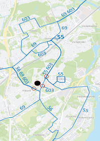 Kottby lågstadieskolan koulumatkayhteyksiä palvelevat linjat 55, 56, 69 ja 603.