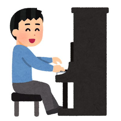 アップライトピアノを弾く人のイラスト（男性）