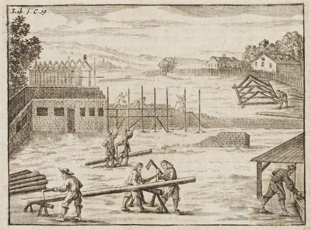 rural scene of wood preparation for building - illustration 1600s