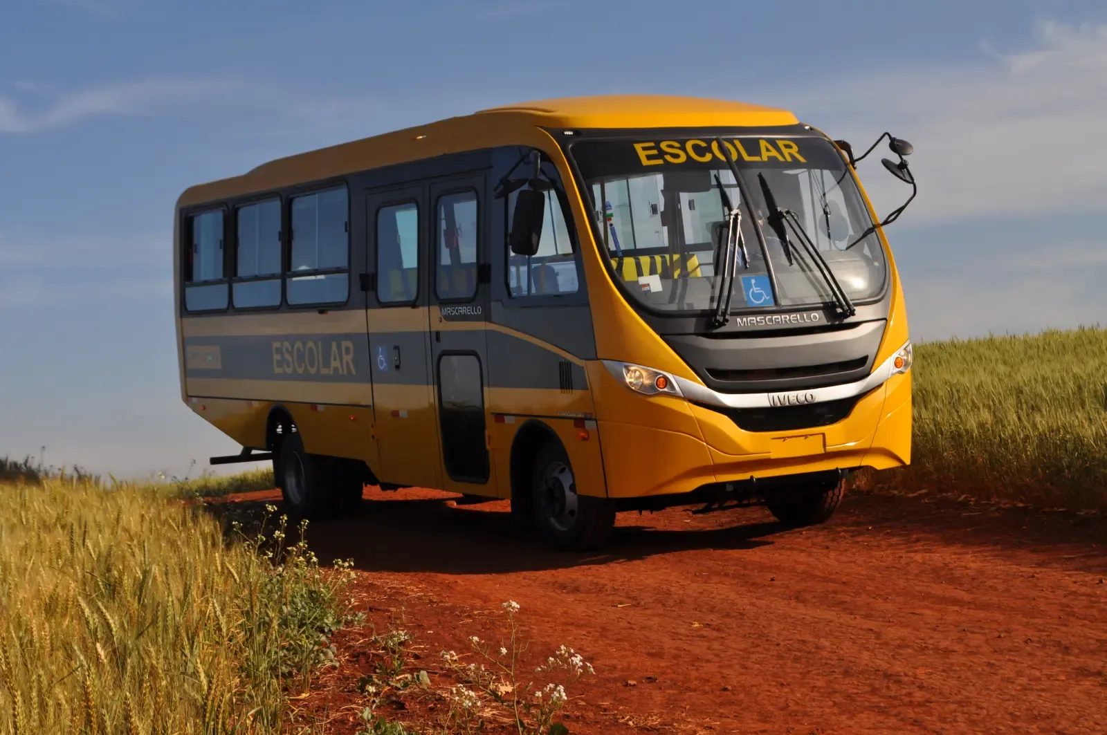 Ônibus Iveco amarelo na estrada vista lateral