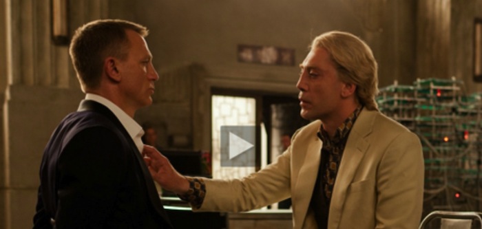 Daniel Craig as Bond and Javier Bardem as Raoul Silva fixing Bond's tie