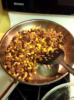 Ground beef, taco mix,jalapenos, frozen corn, onions, black beans. Everything you need to make your taco salad a hit at dinner time.