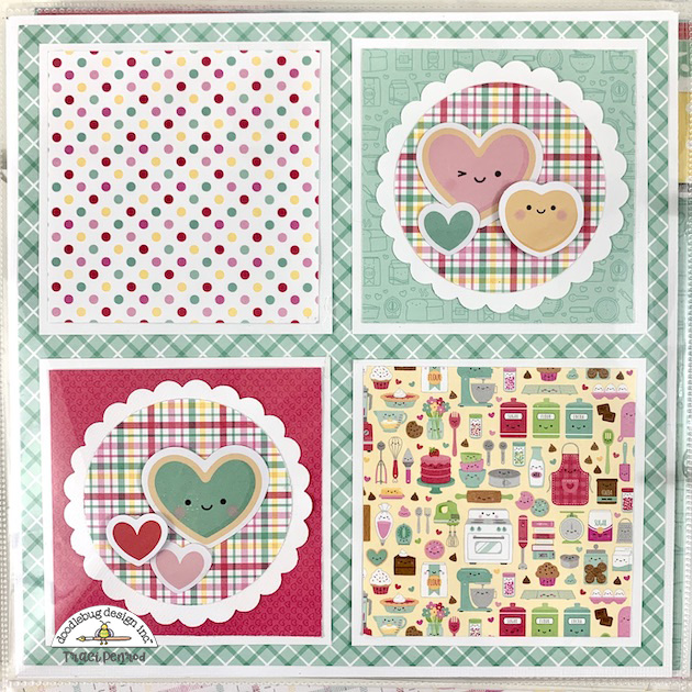 8x8 Valentine's Day scrapbook page layout with a cute baking theme, cute heart cookies, and a pretty plaid