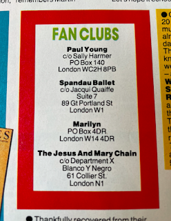 A screen shot of a list of fan clubs from 1985. Paul Young, Spandau Ballet, Marilyn, and the Jesus and Mary Chain are included.