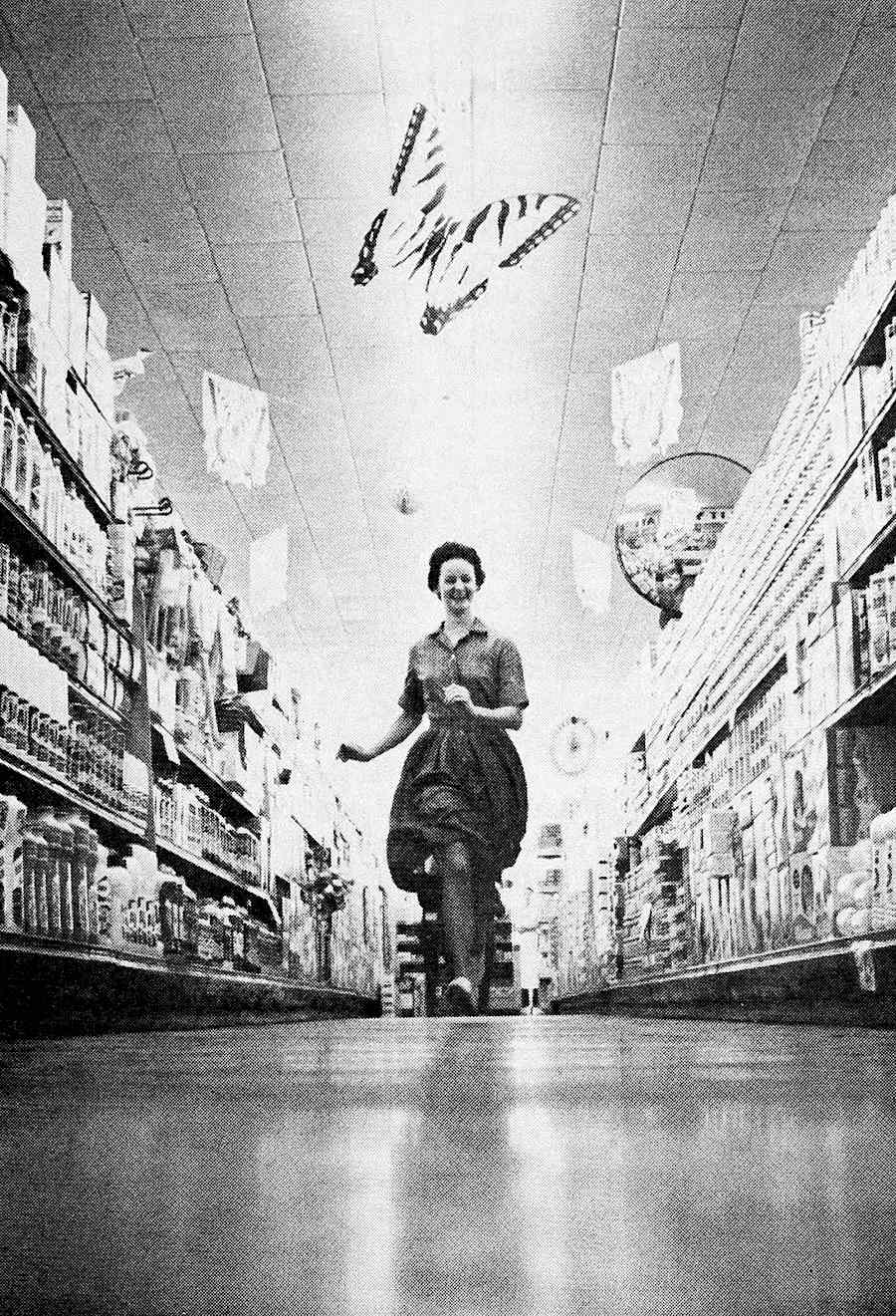 a 1964 supermarket aisle photograph with a worms eye view