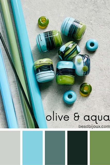olive and aqua lampwork glass rods and beads