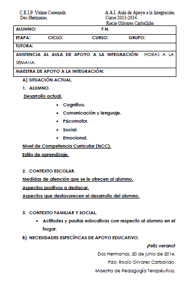 ROCIO OLIVARES. EL AULA DE PT.: MODELO DE INFORME FINAL.