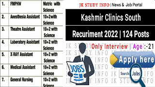 Kashmir Clinics South jobs,J&K fresh jobs 2022,j&k latest jobs