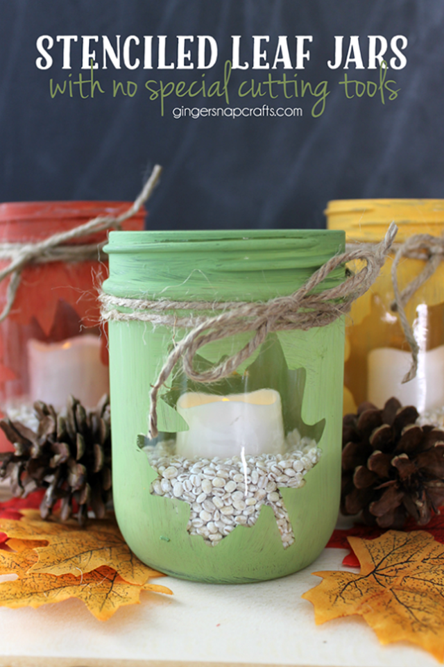 Stenciled Leaf Jars with no special cutting tools at   GingerSnapCrafts.com_thumb
