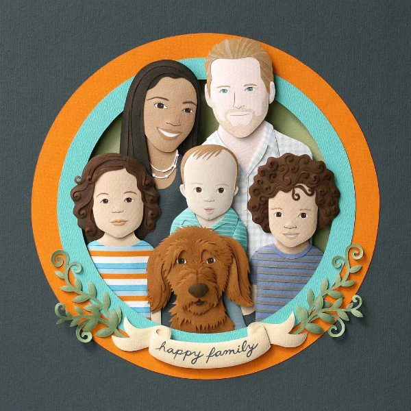 hand cut and sculpted paper family consisting of parents, three children, and dog in round frame