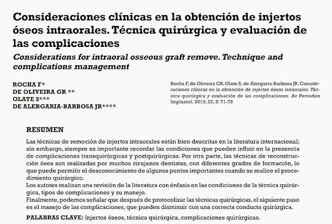 PDF: Consideraciones clínicas en la obtención de injertos óseos intraorales: Técnica quirúrgica y evaluación de las complicaciones