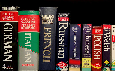 Many dictionaries on a shelf