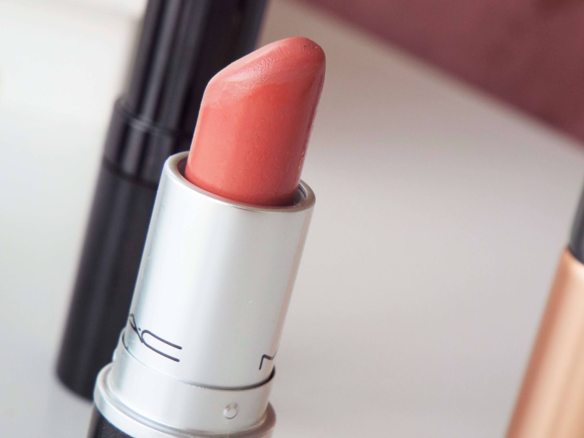 Close up shot of MAC Velvet Teddy lipstick.