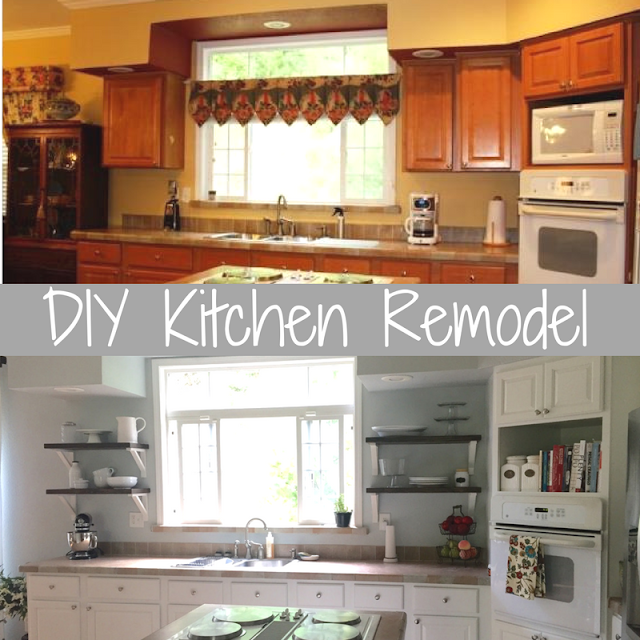 DIY Farmhouse kitchen remodel with open shelves and painted cabinets 