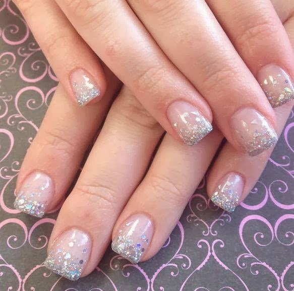 pink cover builder with silver glitz and big dot foil glitz in hazed French gels acrylic nails; LED polish silver haze glitz nail art design