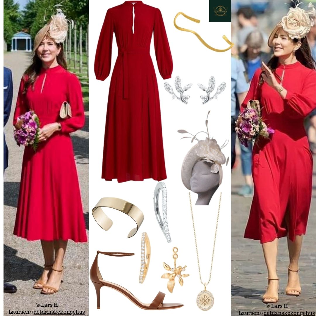 Princess Mary's outfit details:      Dress: Raquel Diniz Armonia Dress (Thanks to UFONoMore for all the ids)     Hat: Jane Taylor Roses Hat     Earrings: Ole Lynggaard Winter Frost Earrings     Necklace: Julie Sandlau Medallion  Necklace     Bracelets: Dulong Vega Bracelet, Ole Lynggaard Forest Stud Pendants, and Rebekka Notkin Cuff Bracelet     Rings: Ole Lynggaard Love Band rings     Shoes:Gianvito Rossi Asia sandals and     Bag: UFO clutch