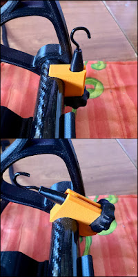 A collage of two pictures showing close-ups of the tension dial located on the side arm of the Falcon e-spinner. In the top photo the dial is vertical. In the bottom photo the tension dial is at a sharp angle with the hook pointing to the left at a 10 o'clock position.