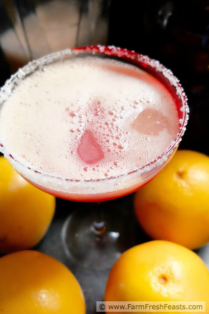 A recipe for a seasonal winter holiday cocktail--fresh grapefruit blended in a margarita and finished with a splash of pomegranate juice.