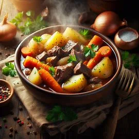 A bowl of savory beef stew with tender chunks of meat, carrots, and potatoes, served in a rustic setting.