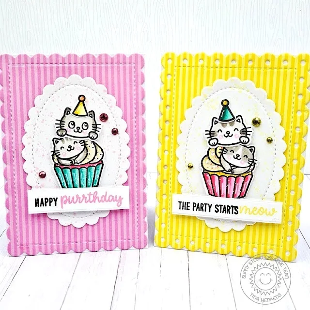 Sunny Studio Stamps: Birthday Cat Mini Birthday Card Set by Tina Henkens (featuring Mini Mat & Tag Dies, Scalloped Oval Mat Dies)