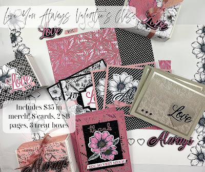 Love You Always Valentine's Class to go.  Uses Stampin' Up!'s Forever & Always Bundle by Stampin' Up!.  Includes $35 in merch!  You'll make: 8 cards, 3 boxes, 2 12x12 pages.  #StampTherapist #StampinUp