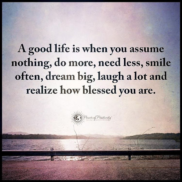 A good life is when you assume nothing, do more, need less, smile often, dream big, laugh a lot and realize how blessed you are. quotes