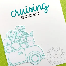 Sunny Studio Stamps: Cruising Critters Animals in Car Handmade Card (using word die from coordinating dies)