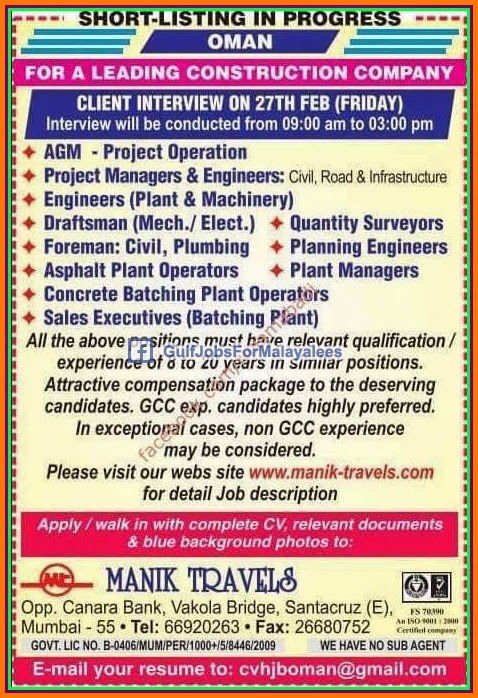 Construction Comapny large job vacancies for Oman