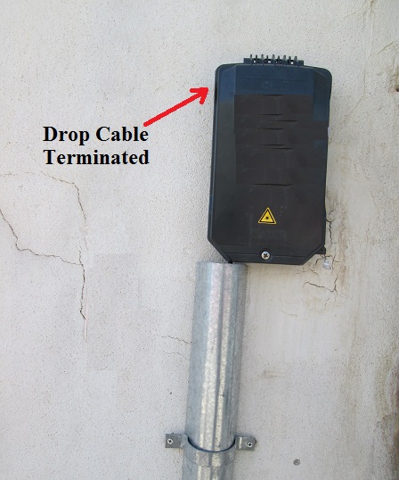 Optical drop cable terminated in ODB at customer building wall