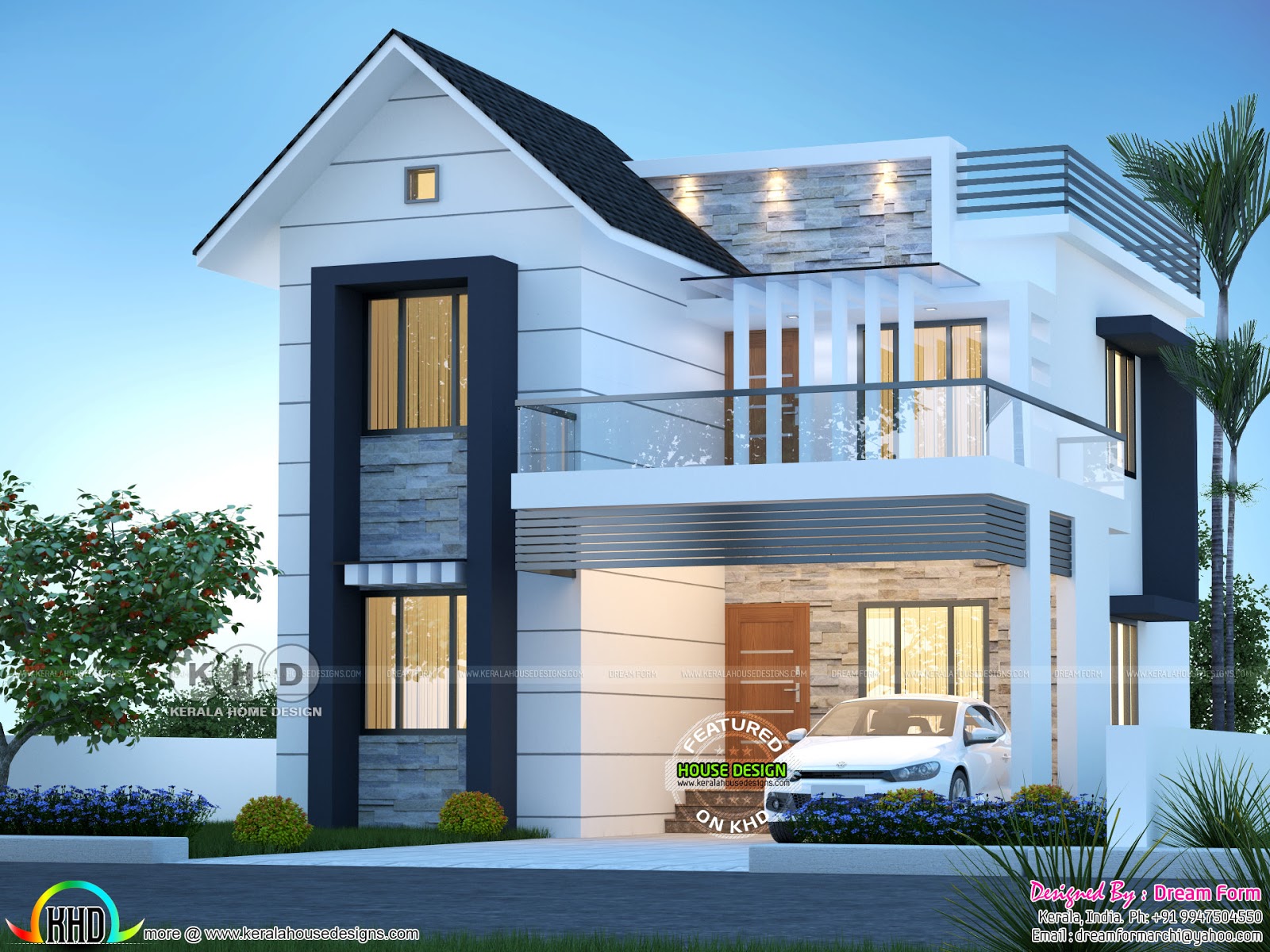 3 BHK mixed roof modern home 1600 square feet Kerala 