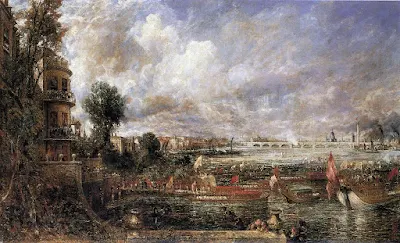 The Opening of Waterloo Bridge seen from Whitehall Stairs, 18 June 1817, oil on canvas, c. 1832. Tate Britain, London painting John Constable