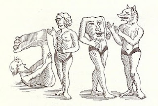 Drawing of various men with one leg, one eye, no head and dog head.