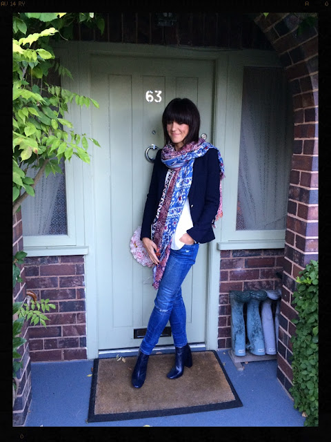 My Midlife Fashion, Block heel chelsea boot, zara, navy blazer, boho top, skinny distressed jeans